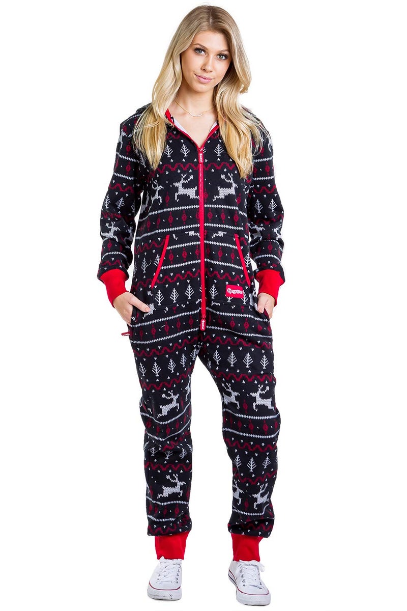Tipsy Elves Christmas Onesies for Adults - Comfy Unisex Matching Holiday Jumpsuits with Convenient Pockets - Black Fair Isle Christmas Jumpsuit Size Small - Image 2